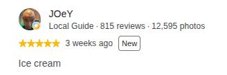 Google review by JOeY, 5 stars: Ice cream